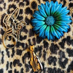 3 Vintage Brooches Statement Pins Flower Cats Lady Remington